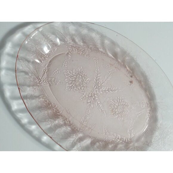 Vintage Jeannette Floral Poinsettia Pink Depression Glass Oval Platters set of 2 - Picture 10 of 11